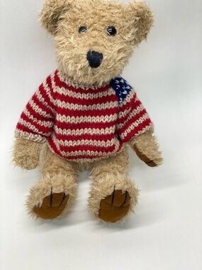 Kellytoy Tan Fuzzy Bear w/ Red Cream Blue Knit Sweater Americana Fourth Plush